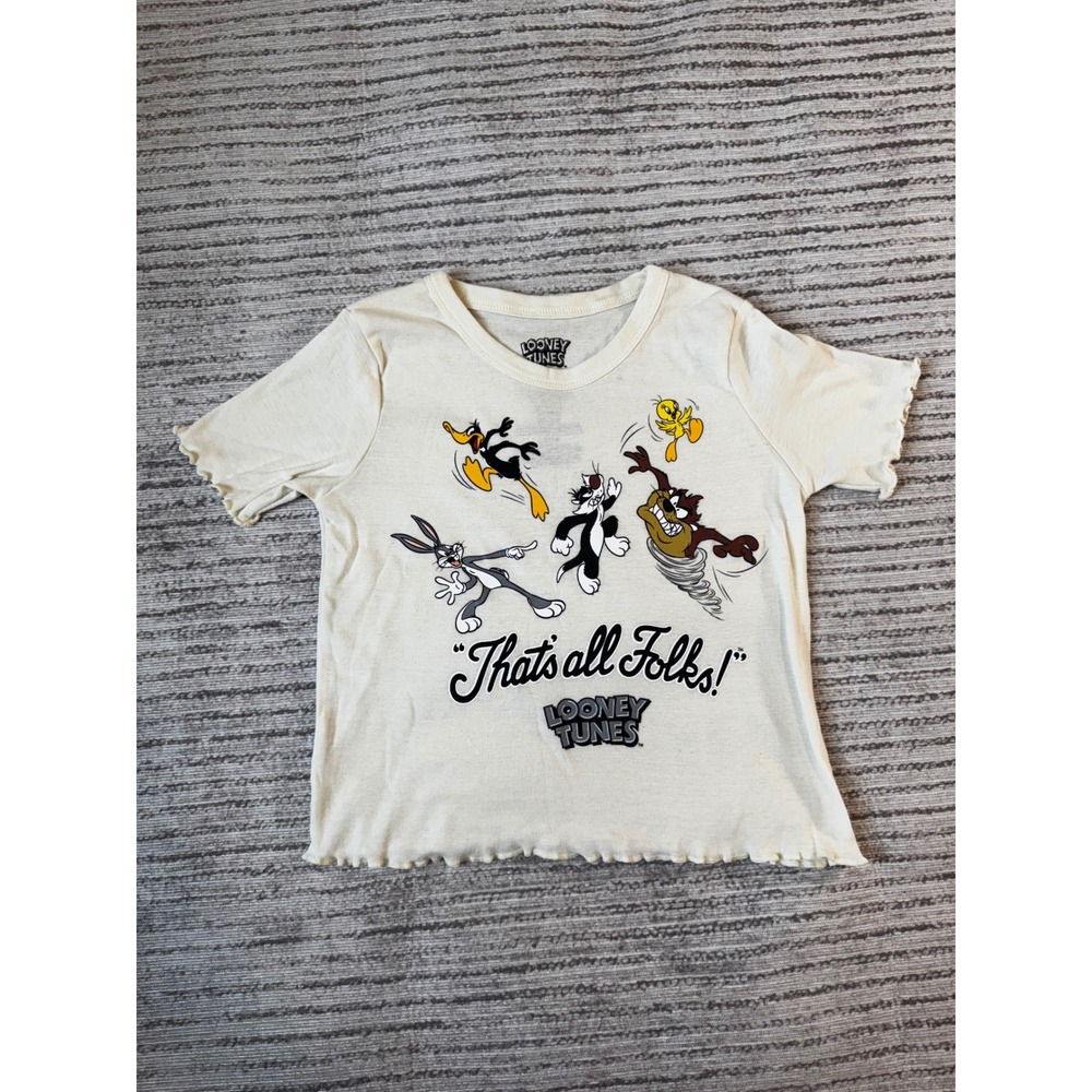 Looney Tunes Graphic T-Shirt Womens Small Cream‎ Lettuce Trim Thats All Folks S